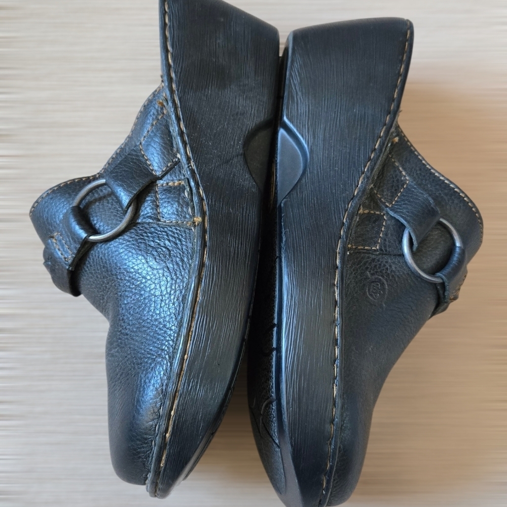 Born Shoes Black Leather Braided Mules Slip On Wedge Heels Size 8m - Picture 10 of 12